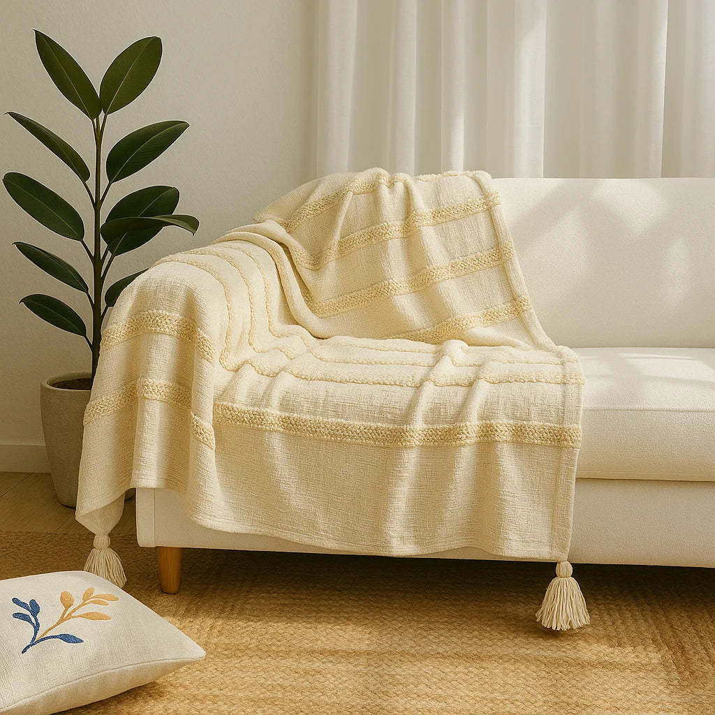 Cotton Sofa Throw Blanket Woven Design Beige – Export House