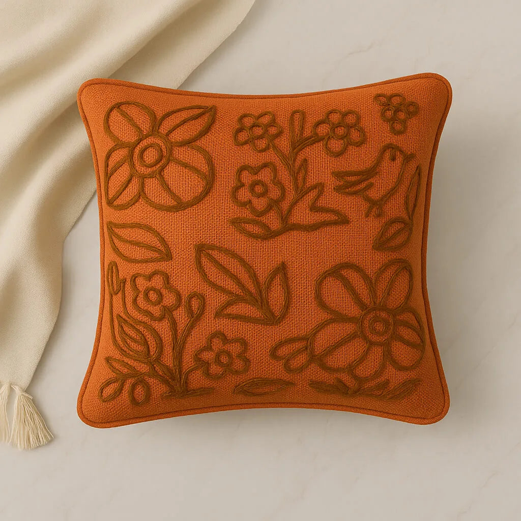 Slub-cotton Embroidered Cushion Cover, 40cm X 40cm (16" X 16")