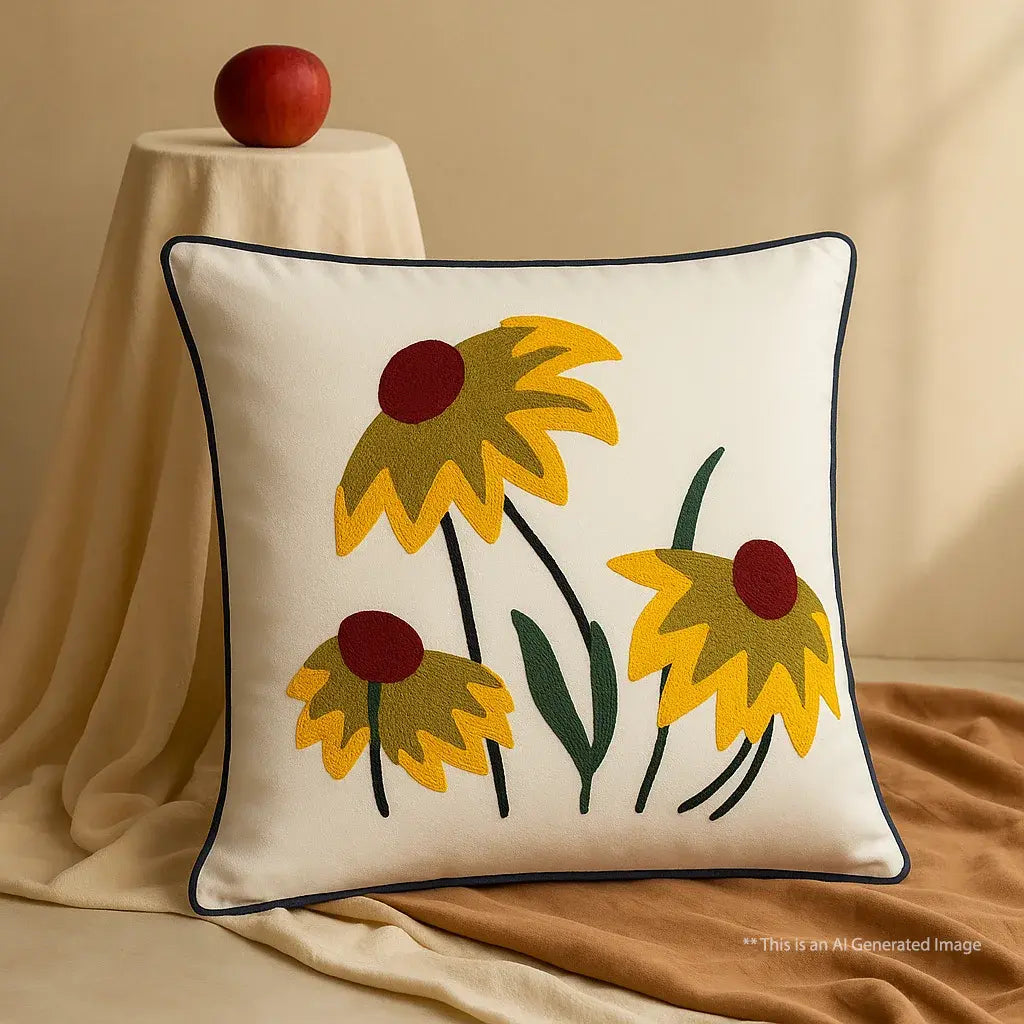 Sunlit Blossoms - Cotton Embroidered Cushion Cover, 40cm X 40cm (16" X 16")
