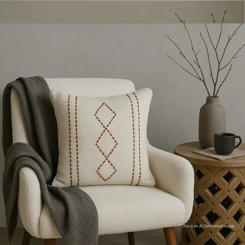 Slub-cotton Embroidered Cushion Cover, 40cm X 40cm (16" X 16")