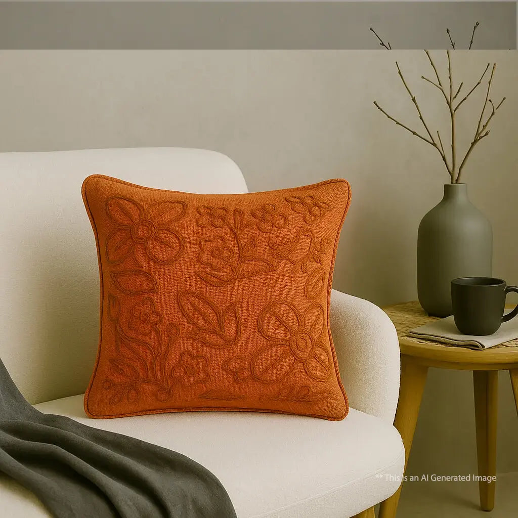 Slub-cotton Embroidered Cushion Cover, 40cm X 40cm (16" X 16")