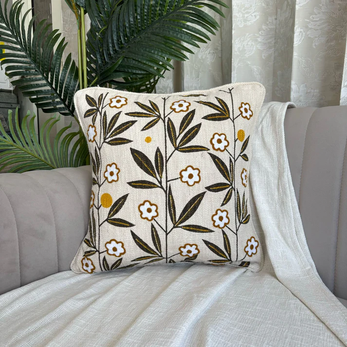 Slub-Cotton Embroidered Cushion Cover, 40cm X 40cm (16" X 16")