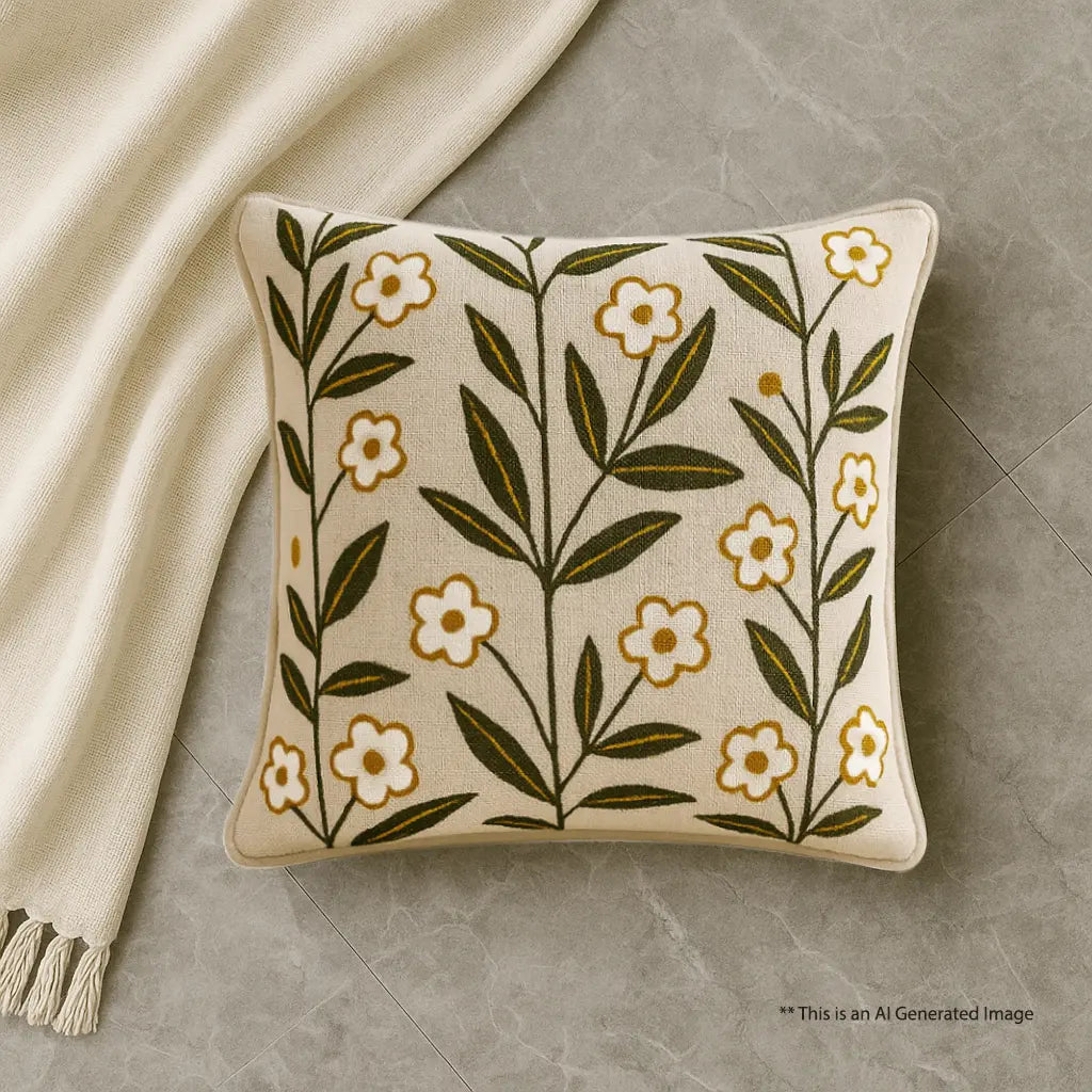 Slub-Cotton Embroidered Cushion Cover, 40cm X 40cm (16" X 16")