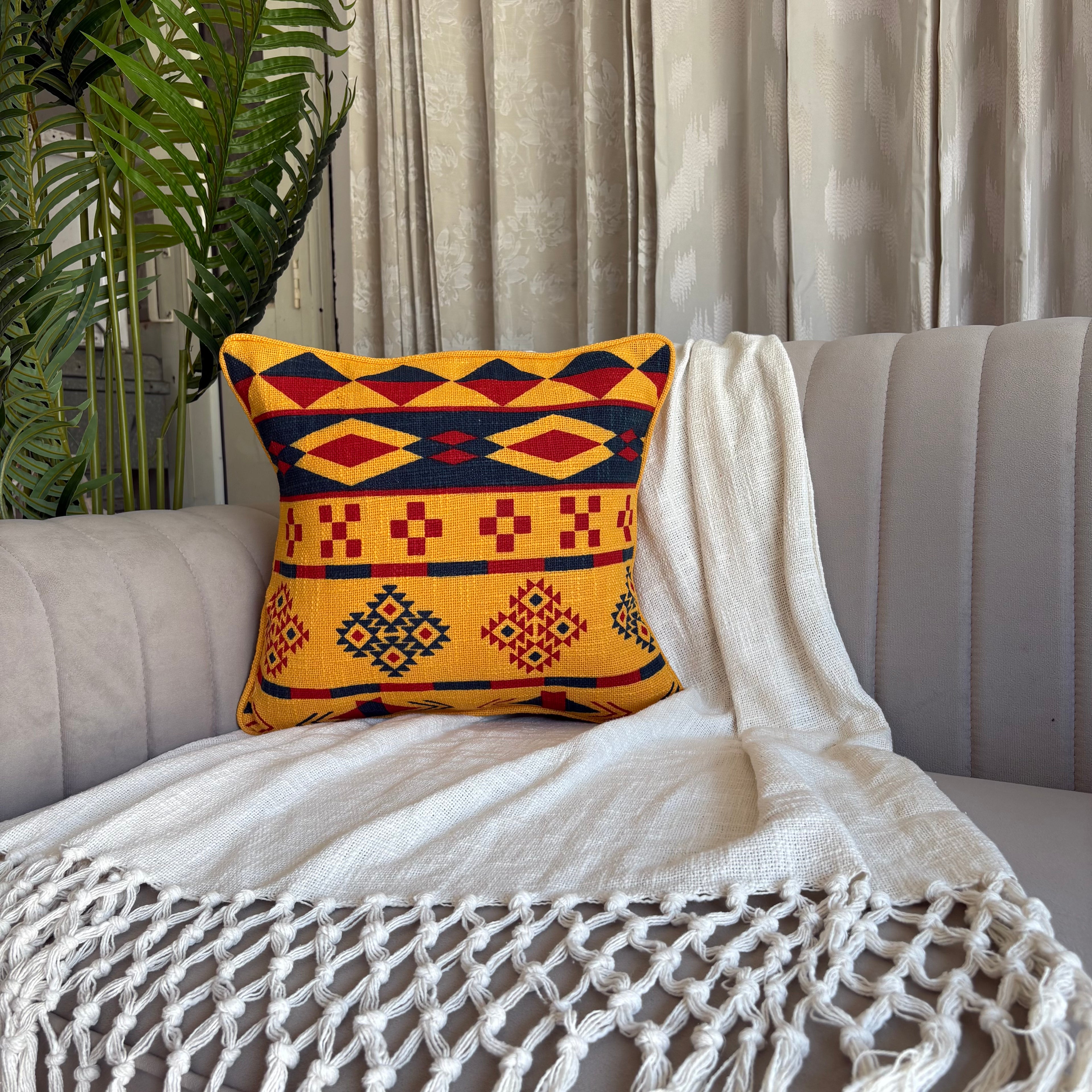 Slub-Cotton Printed Cushion Cover, 40cm X 40cm (16" X 16")
