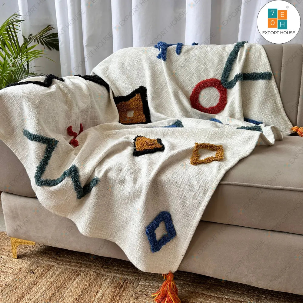 Cotton Tufted Premium Sofa Throw Blanket, Size:127cm X 152cm (50" X 60")