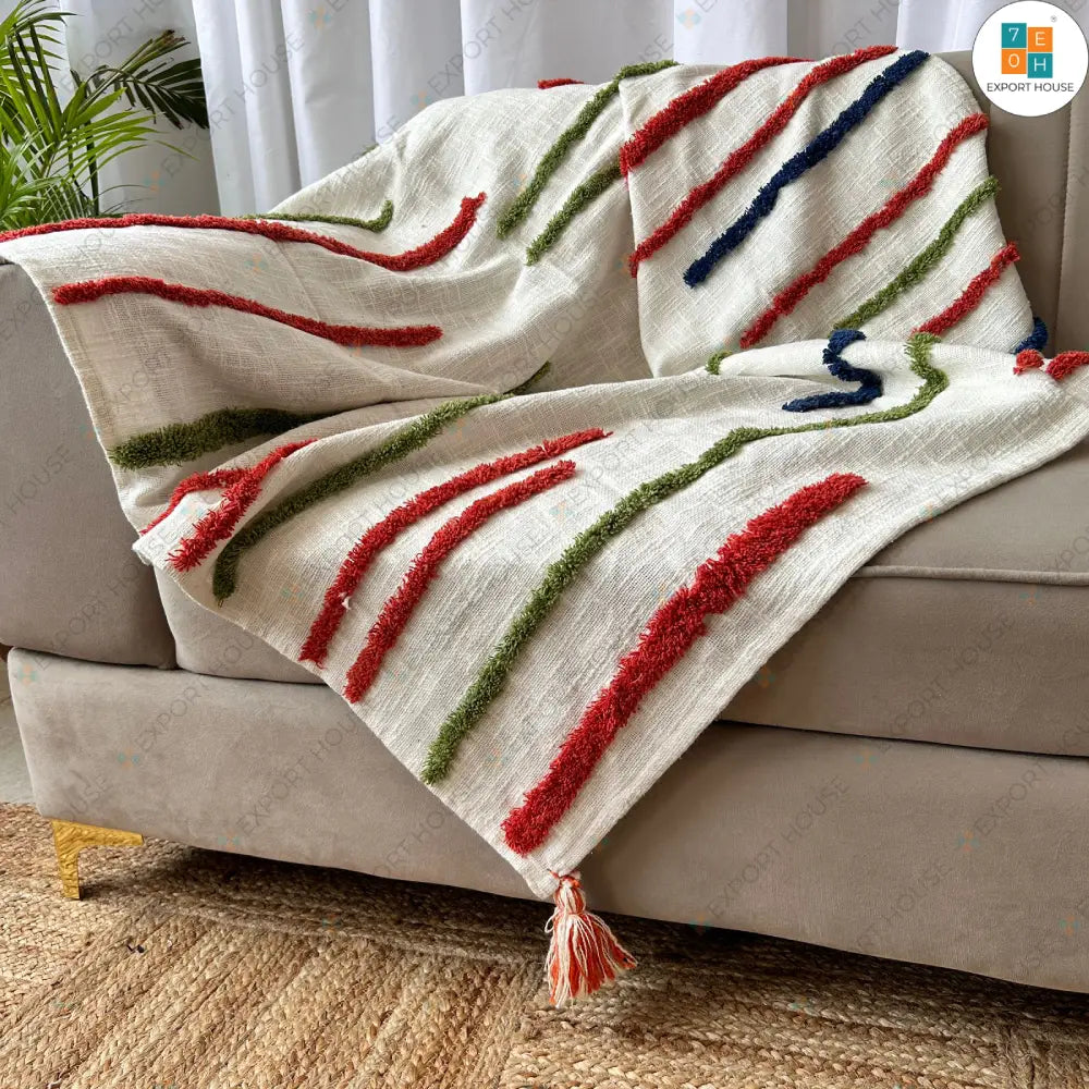 Cotton Tufted Premium Sofa Throw Blanket, Size:127cm X 152cm (50" X 60")