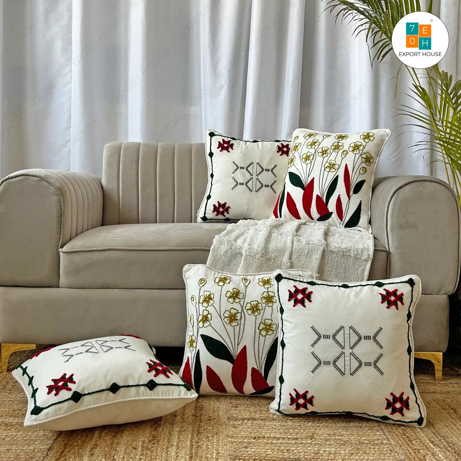 Cotton Embroidered Cushion Cover - Premium Set of 5, Size:40cm X 40cm (16" X 16")