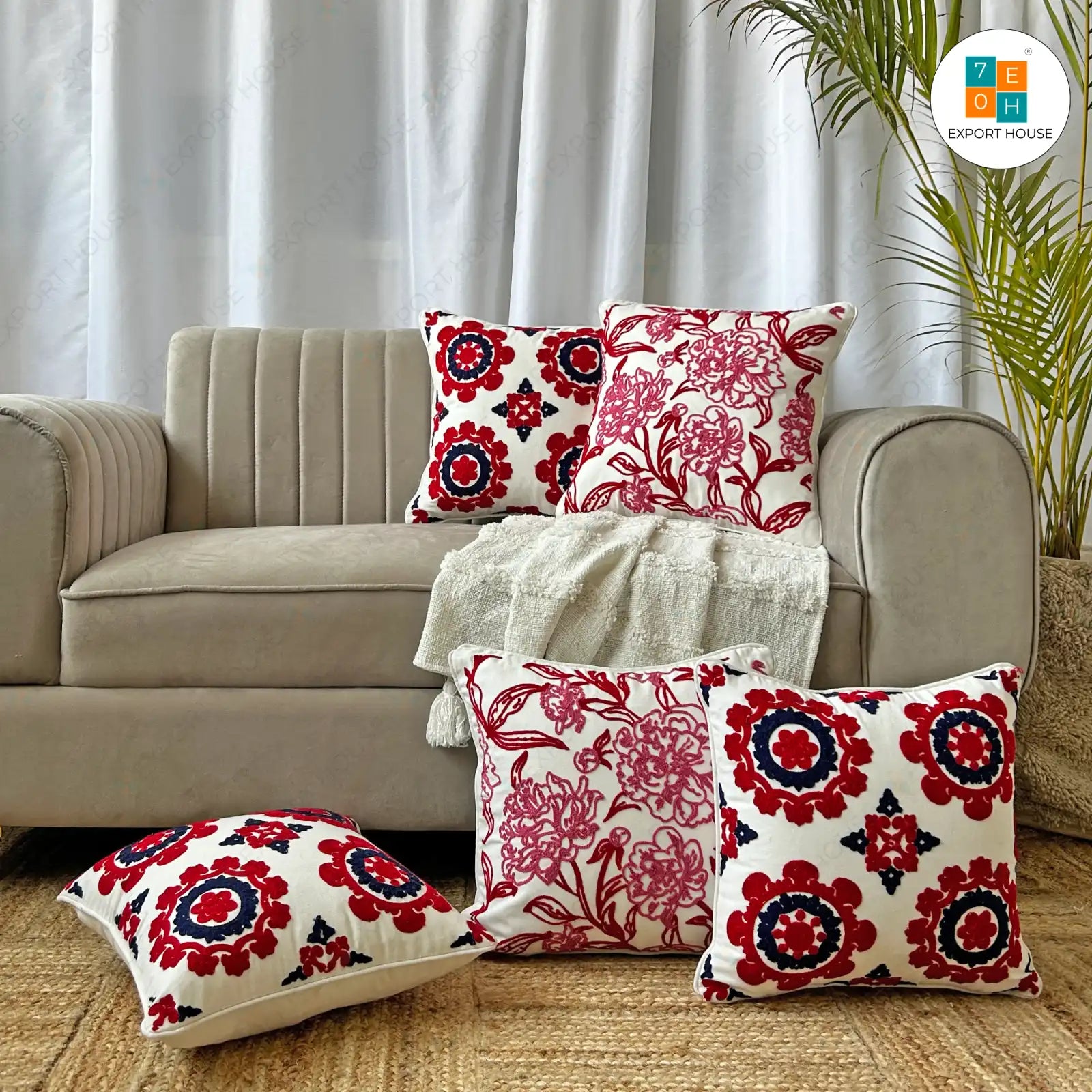 Cotton Embroidered Cushion Cover - Premium Set of 5, Size:40cm X 40cm (16" X 16")