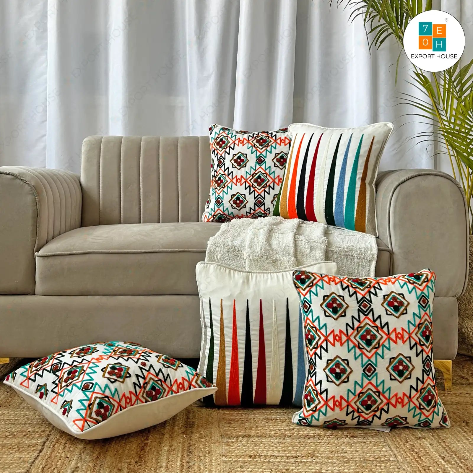 Cotton Embroidered Cushion Cover - Premium Set of 5, Size:40cm X 40cm (16" X 16")