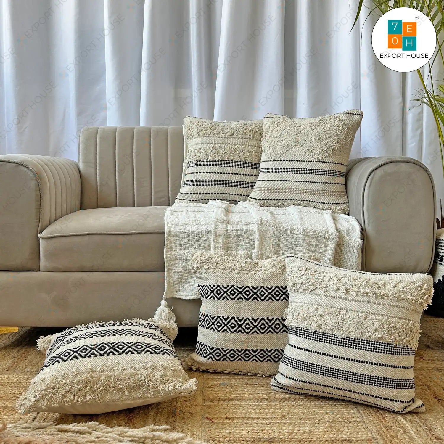 Cotton Boho Cushion Cover - Premium Set of 5, Size:40cm X 40cm (16" X 16")