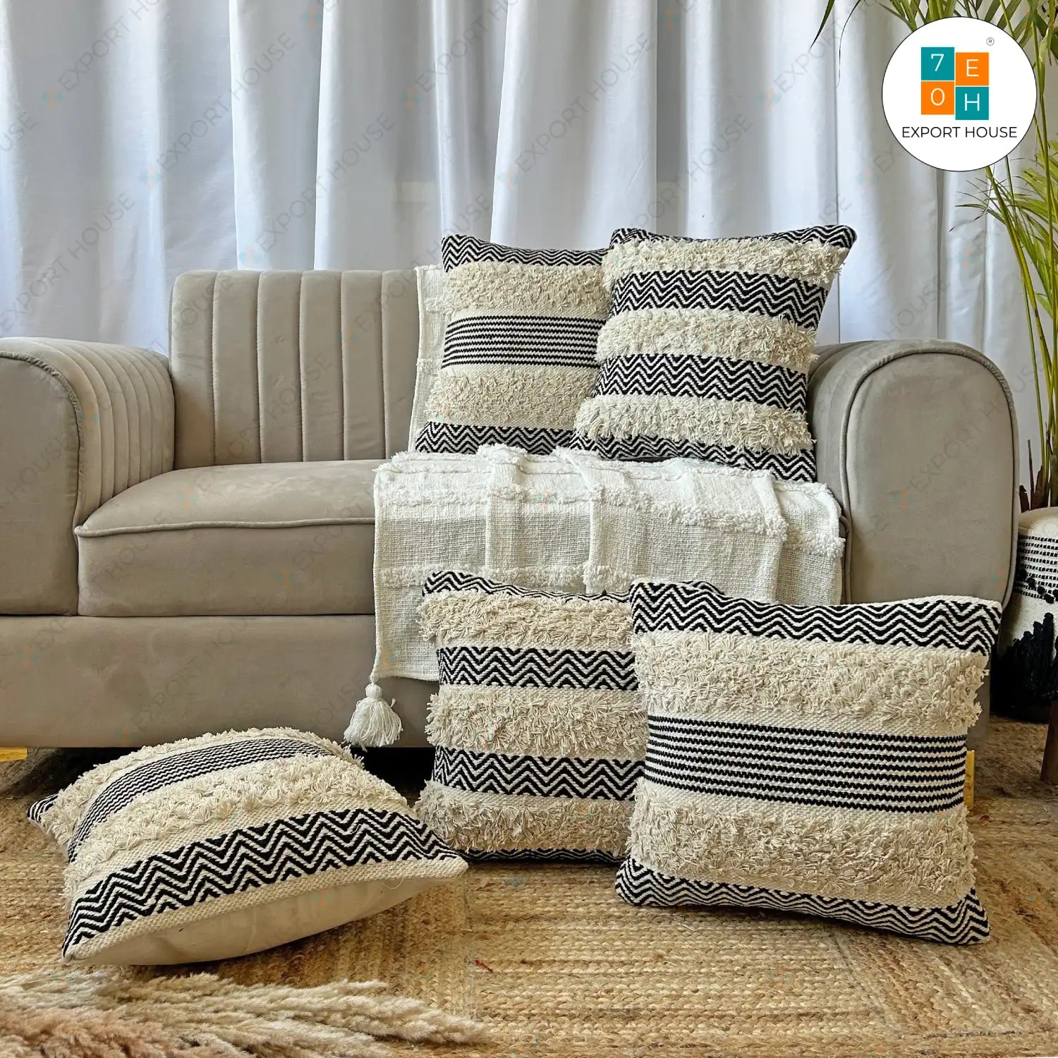 Cotton Boho Cushion Cover - Premium Set of 5, Size:40cm X 40cm (16" X 16")