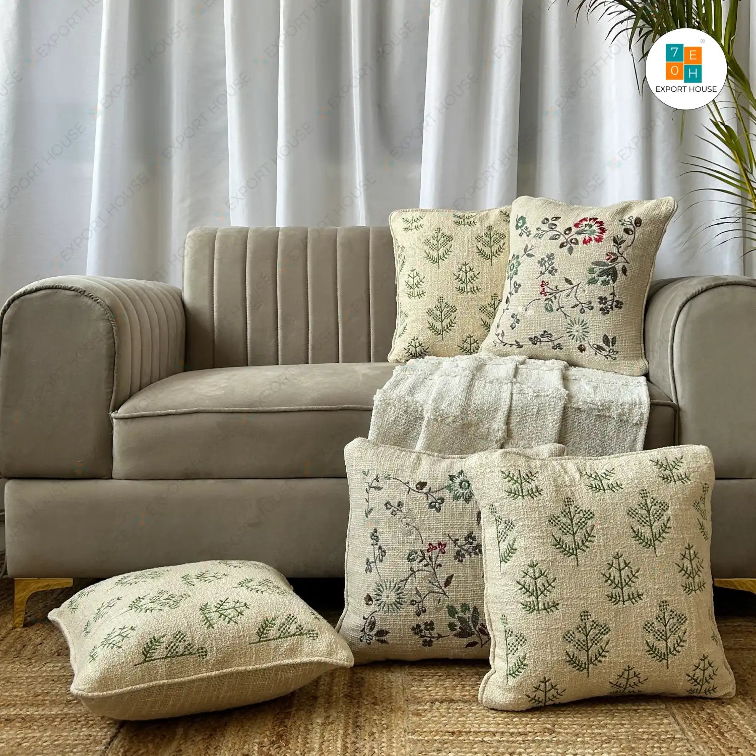 Cotton Embroidered Cushion Cover - Premium Set of 5, Size:40cm X 40cm (16" X 16")