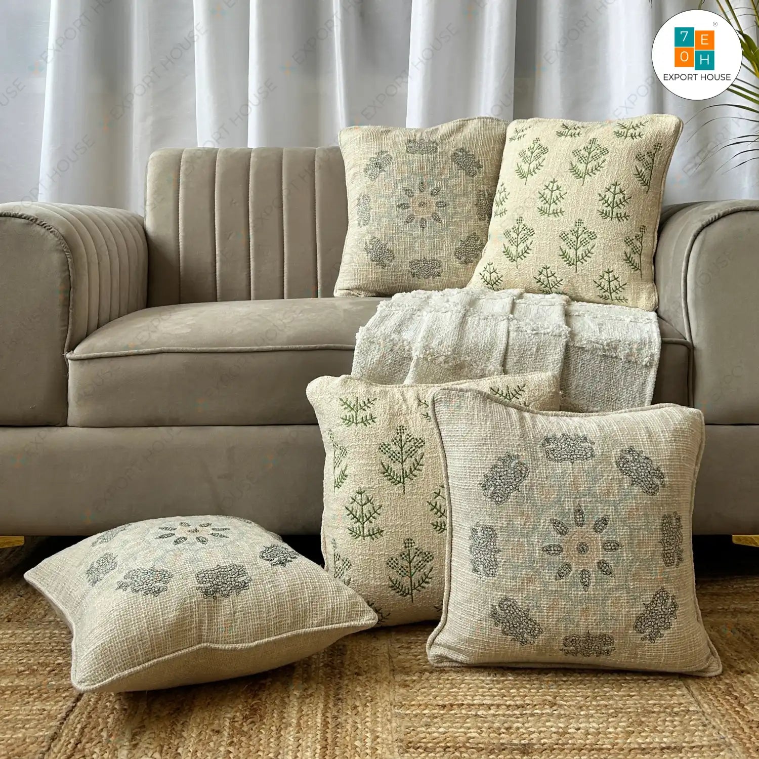 Cotton Embroidered Cushion Cover - Premium Set of 5, Size:40cm X 40cm (16" X 16")