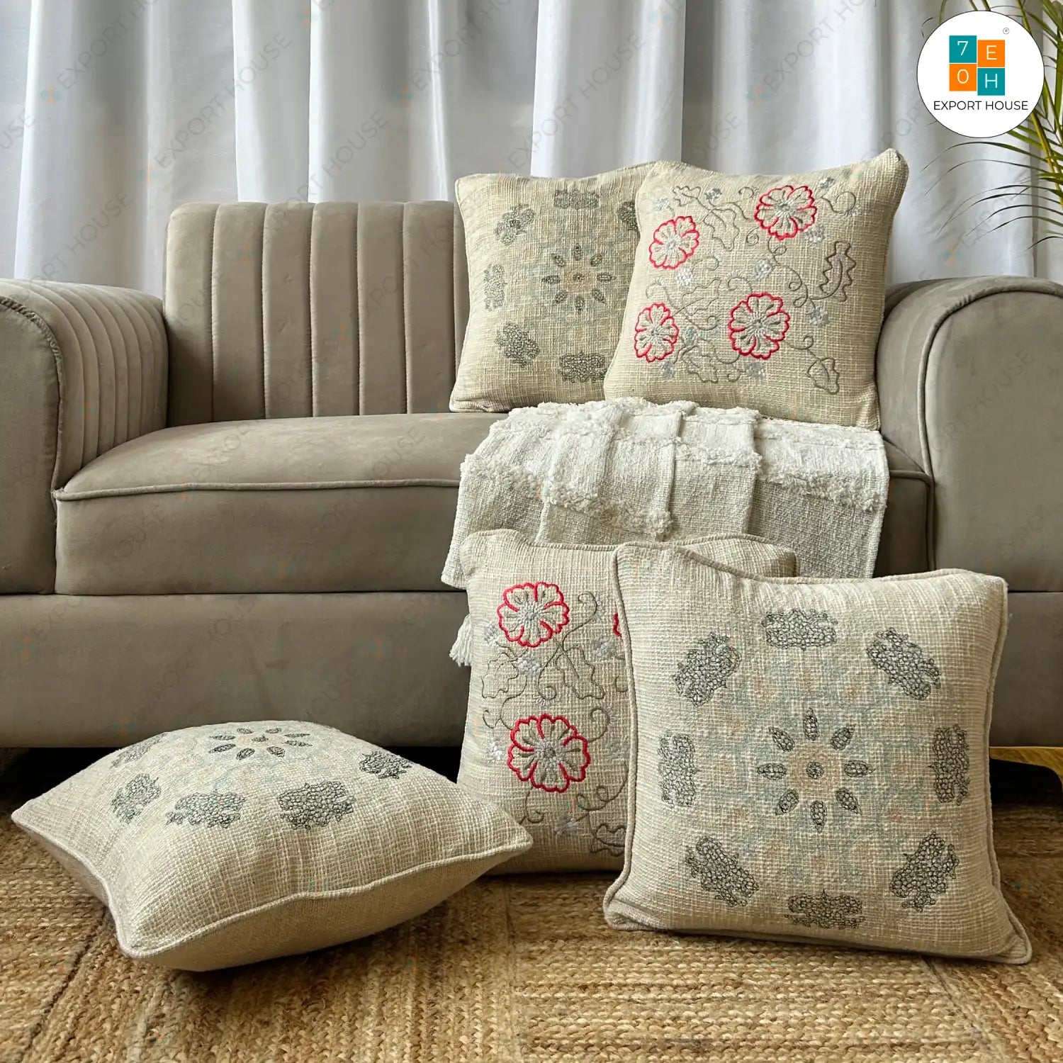 Cotton Embroidered Cushion Cover - Premium Set of 5, Size:40cm X 40cm (16" X 16")