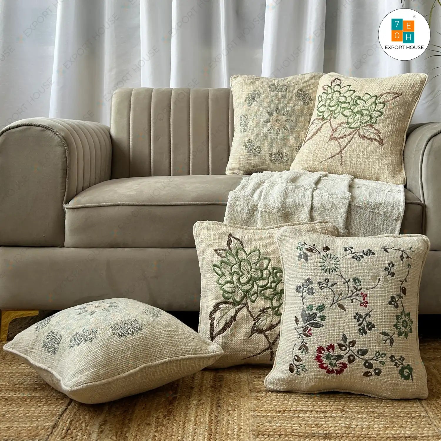 Cotton Embroidered Cushion Cover - Premium Set of 5, Size:40cm X 40cm (16" X 16")