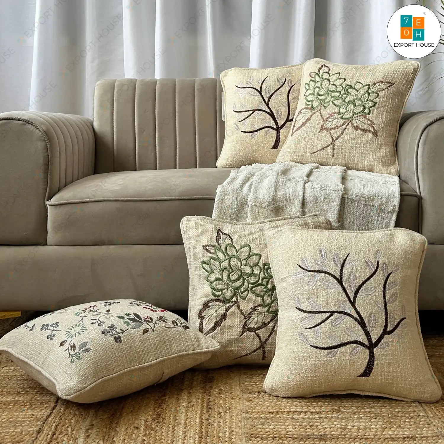 Cotton Embroidered Cushion Cover - Premium Set of 5, Size:40cm X 40cm (16" X 16")