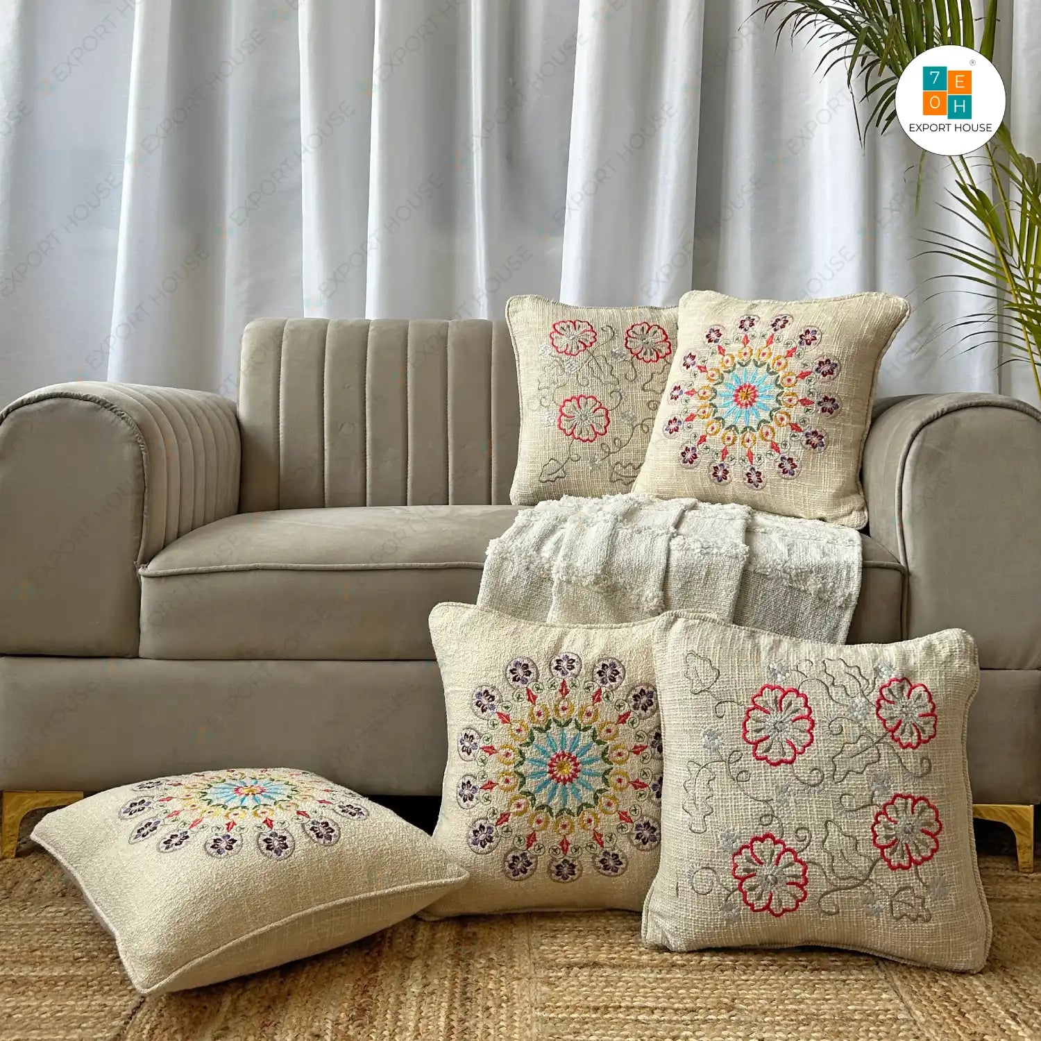 Cotton Embroidered Cushion Cover - Premium Set of 5, Size:40cm X 40cm (16" X 16")