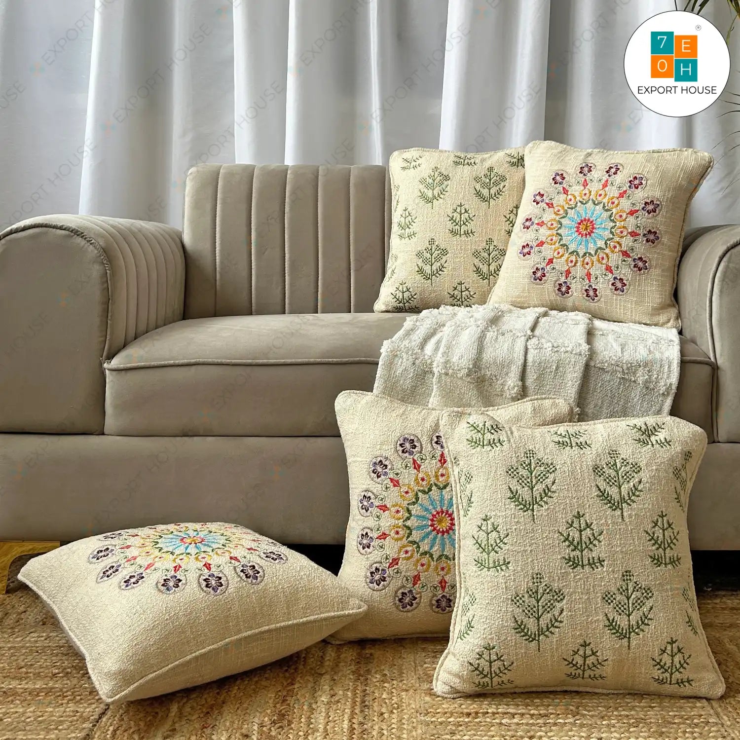 Cotton Embroidered Cushion Cover - Premium Set of 5, Size:40cm X 40cm (16" X 16")