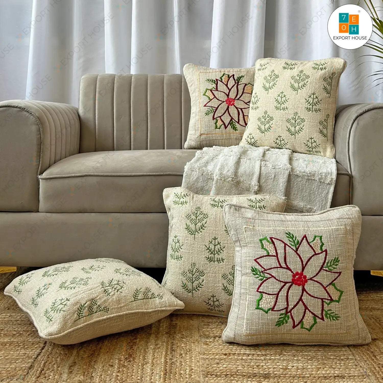 Cotton Embroidered Cushion Cover - Premium Set of 5, Size:40cm X 40cm (16" X 16")