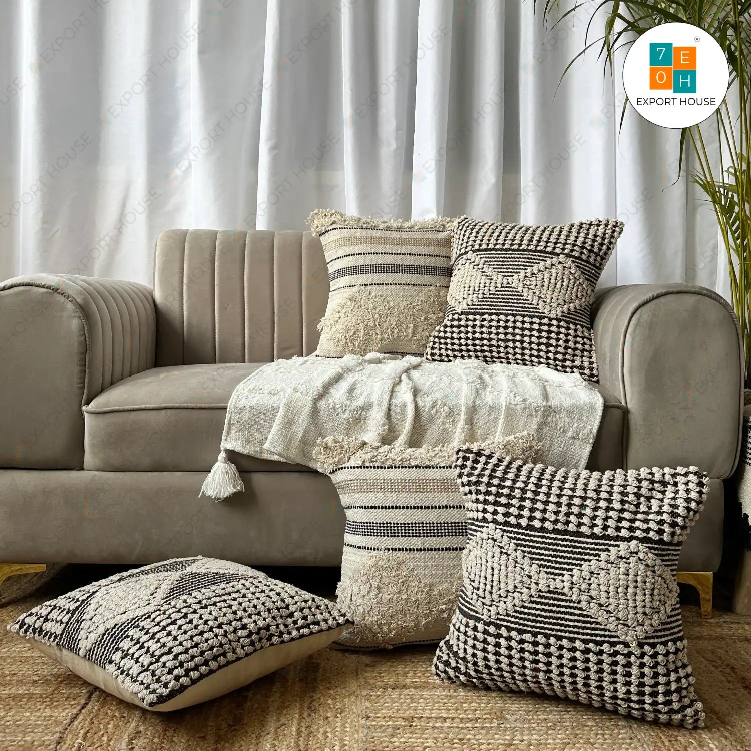 Cotton Boho Cushion Cover - Premium Set of 5, Size:40cm X 40cm (16" X 16")