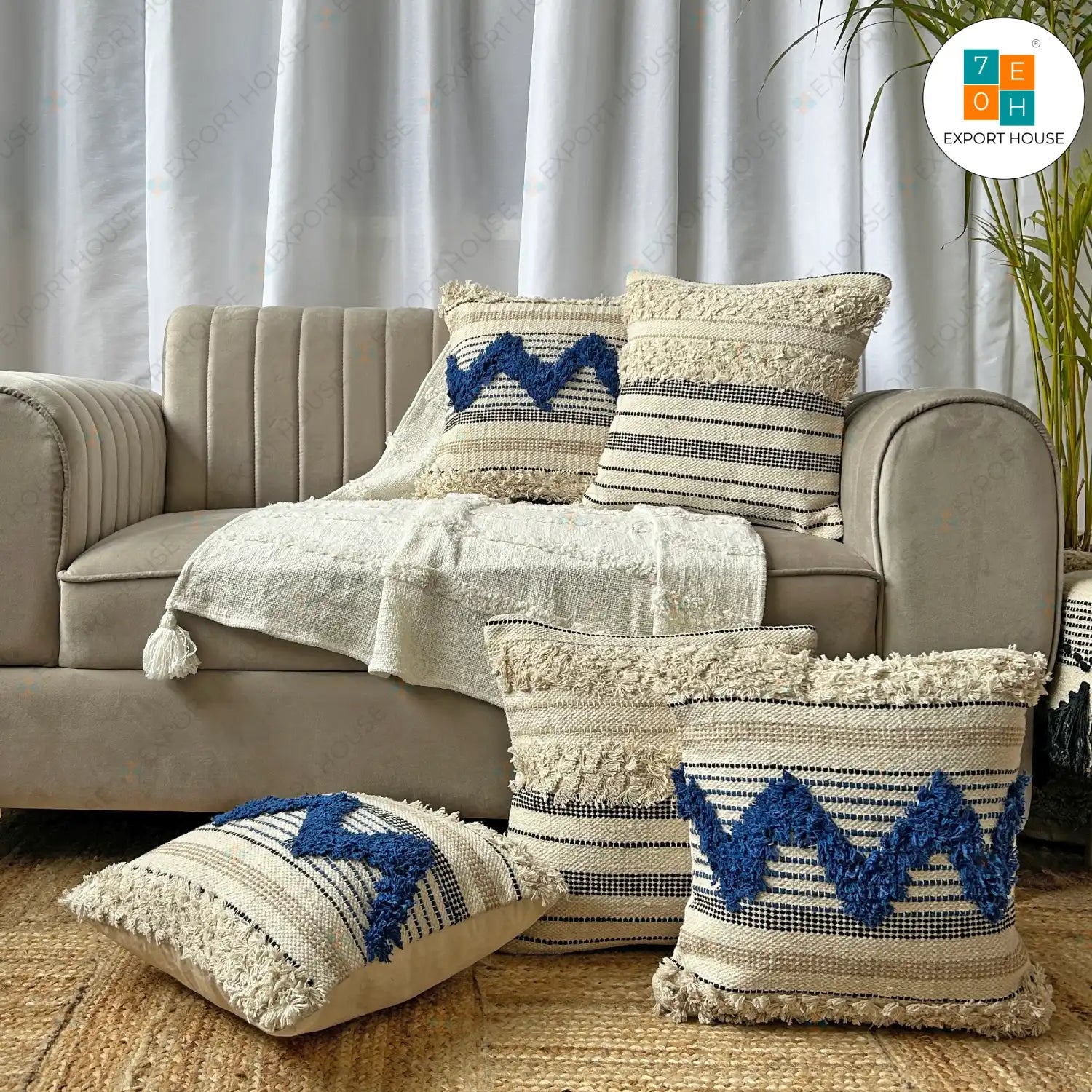 Cotton Boho Cushion Cover - Premium Set of 5, Size:40cm X 40cm (16" X 16")