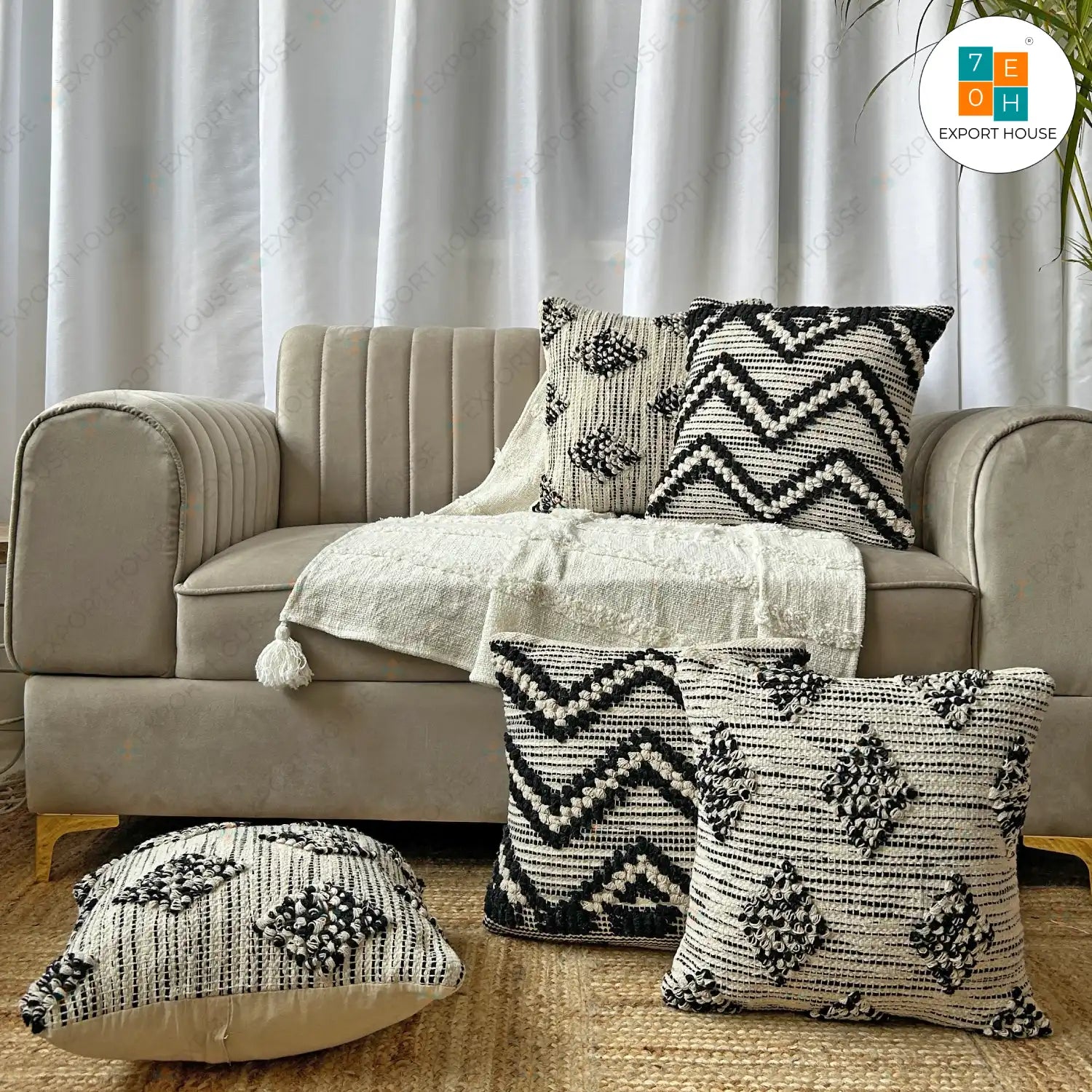 Cotton Boho Cushion Cover - Premium Set of 5, Size:40cm X 40cm (16" X 16")
