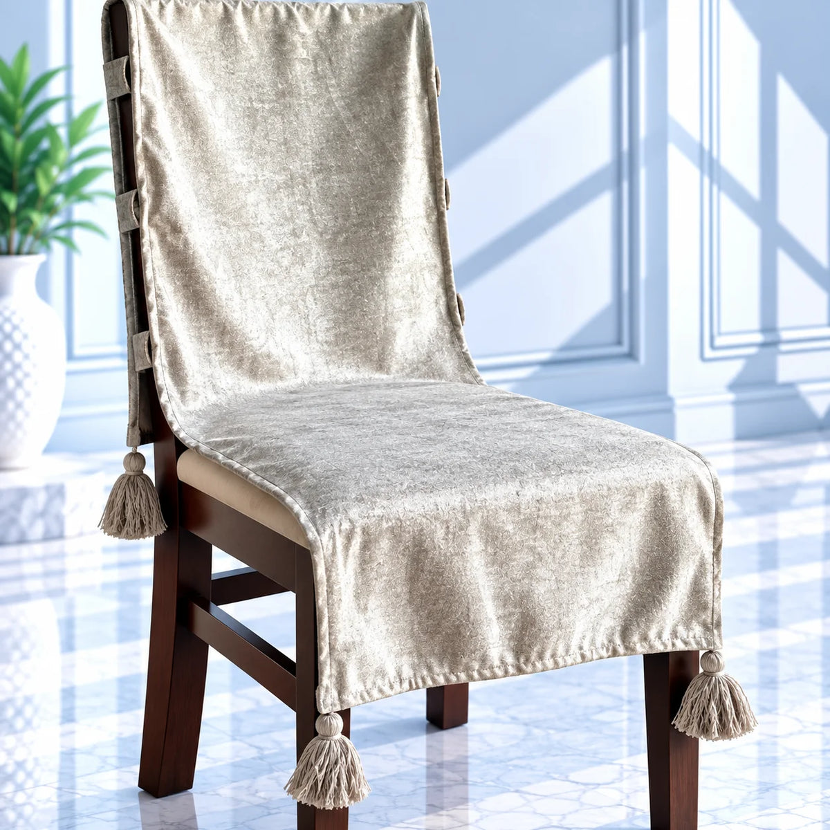 Ash Grey Woven Jacquard Chair Cover with Tassels