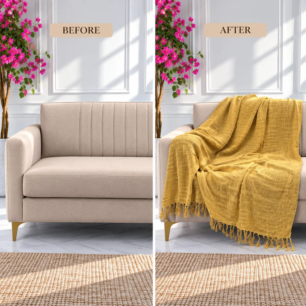 Ochre Yellow Slub Cotton Sofa Throw Blanket with Fringe Ends
