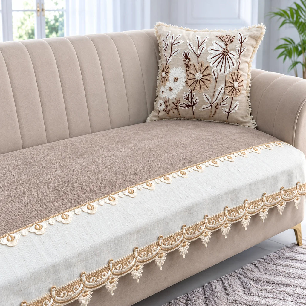 Ivory Gold Lace Jacquard Sofa Cover