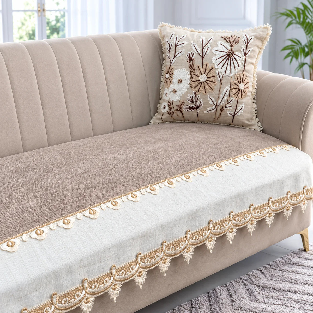 Ivory Gold Lace Jacquard Sofa Cover