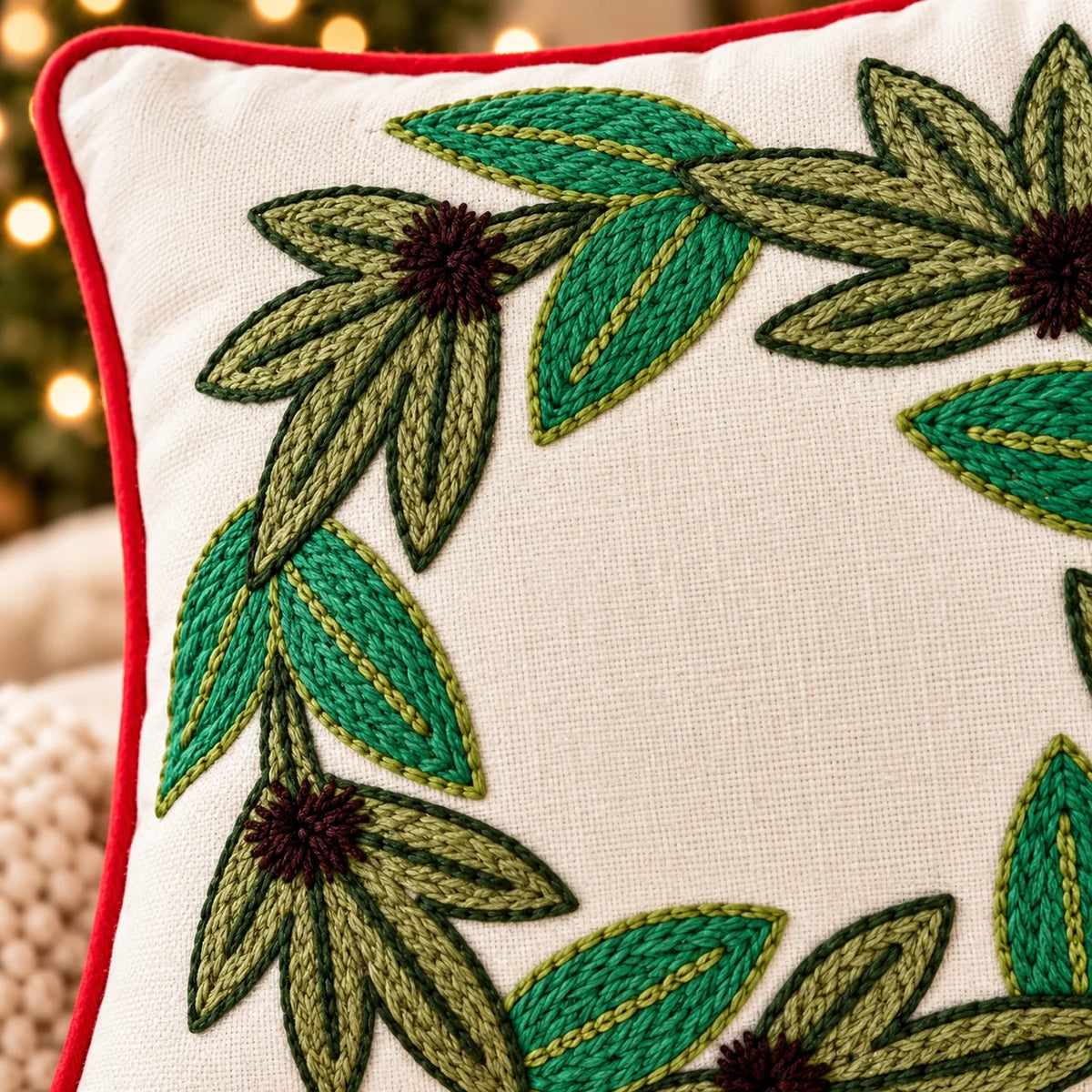 Evergreen Christmas Wreath Embroidered Cotton Cushion Cover â€“ 16 Ã— 16 Inches