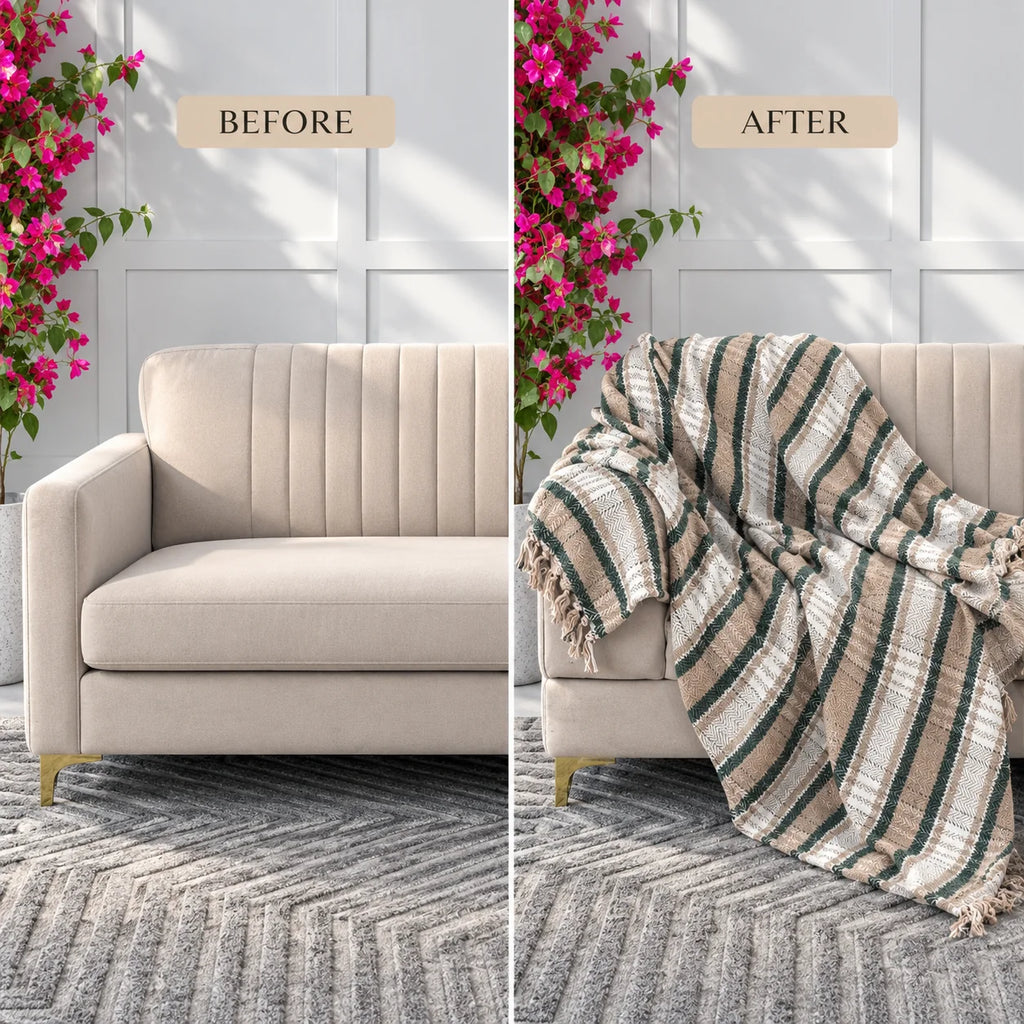 Forest Green & Beige Striped Herringbone Sofa Throw Blanket
