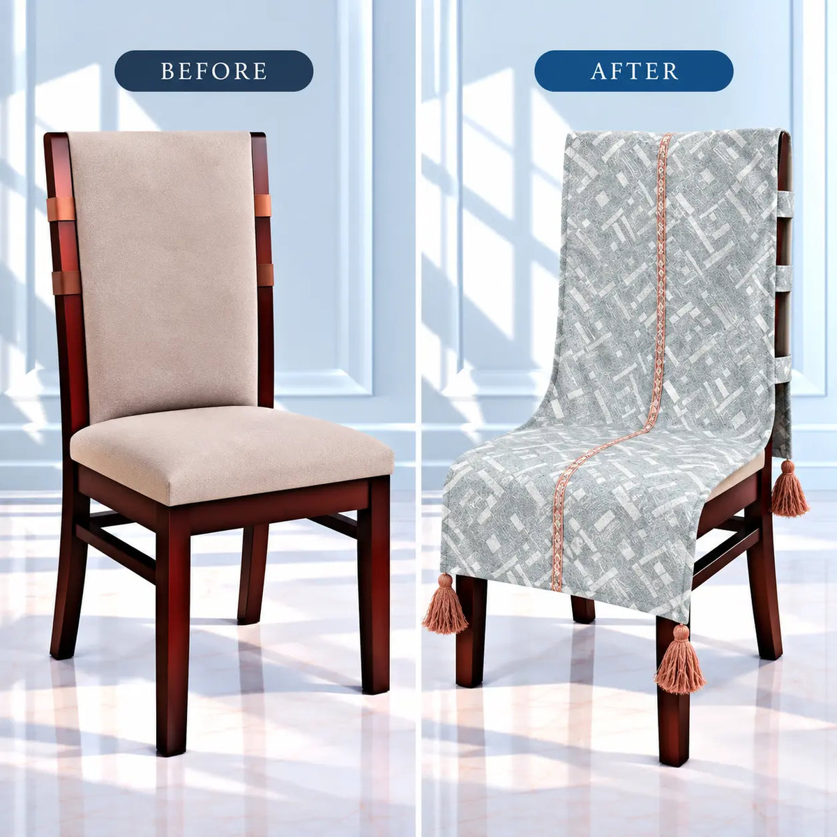 Grey & White Mosaic Print Chair Cover with Tassels