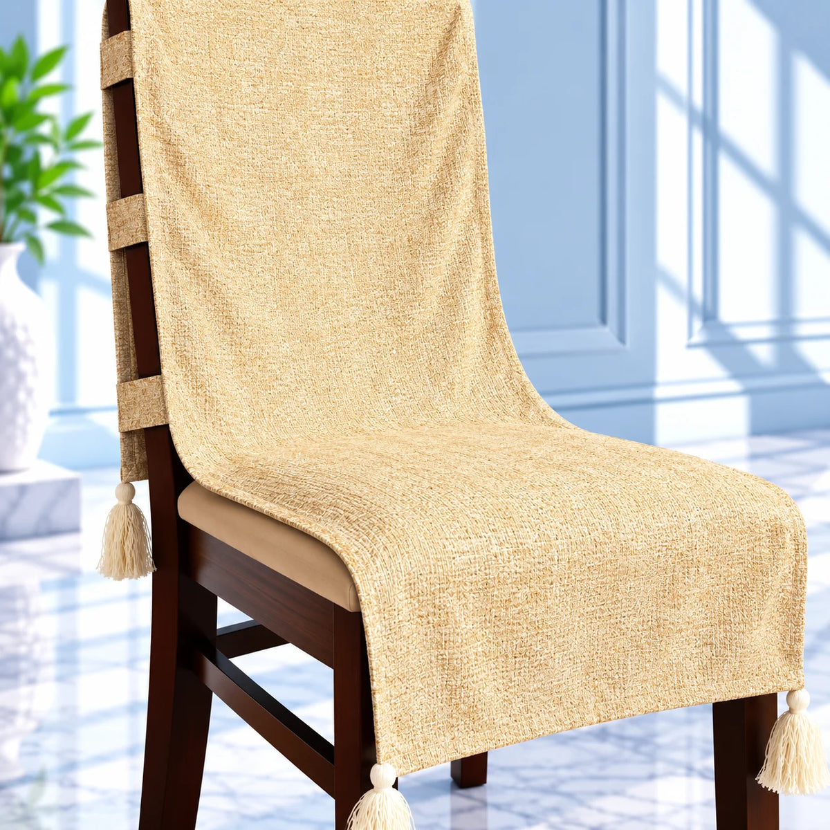 Mustard Yellow Melange Weave Chair Cover with Tassels