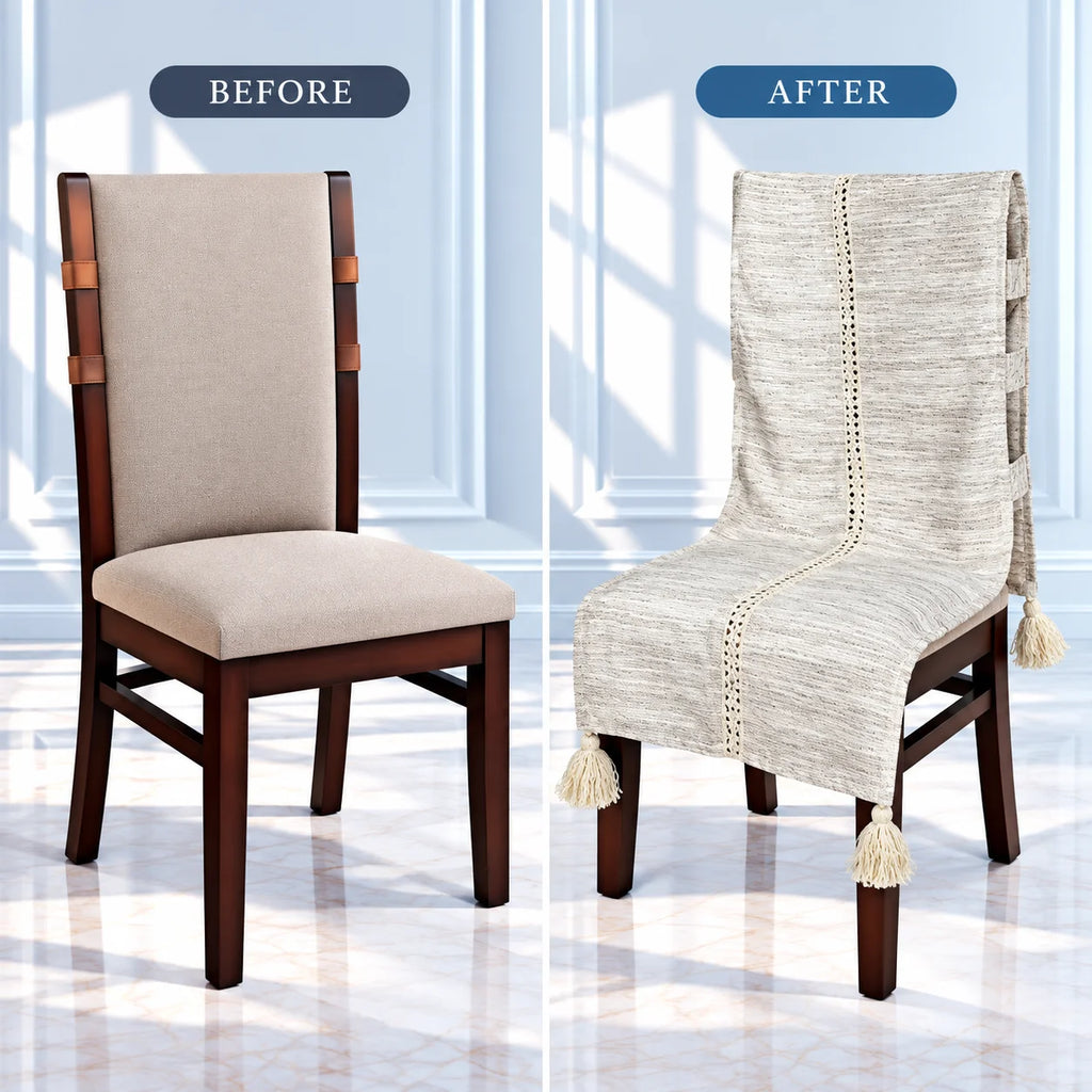 Ivory Silver Grey Jacquard Chair Cover with Centre Lace Trim and Tassels