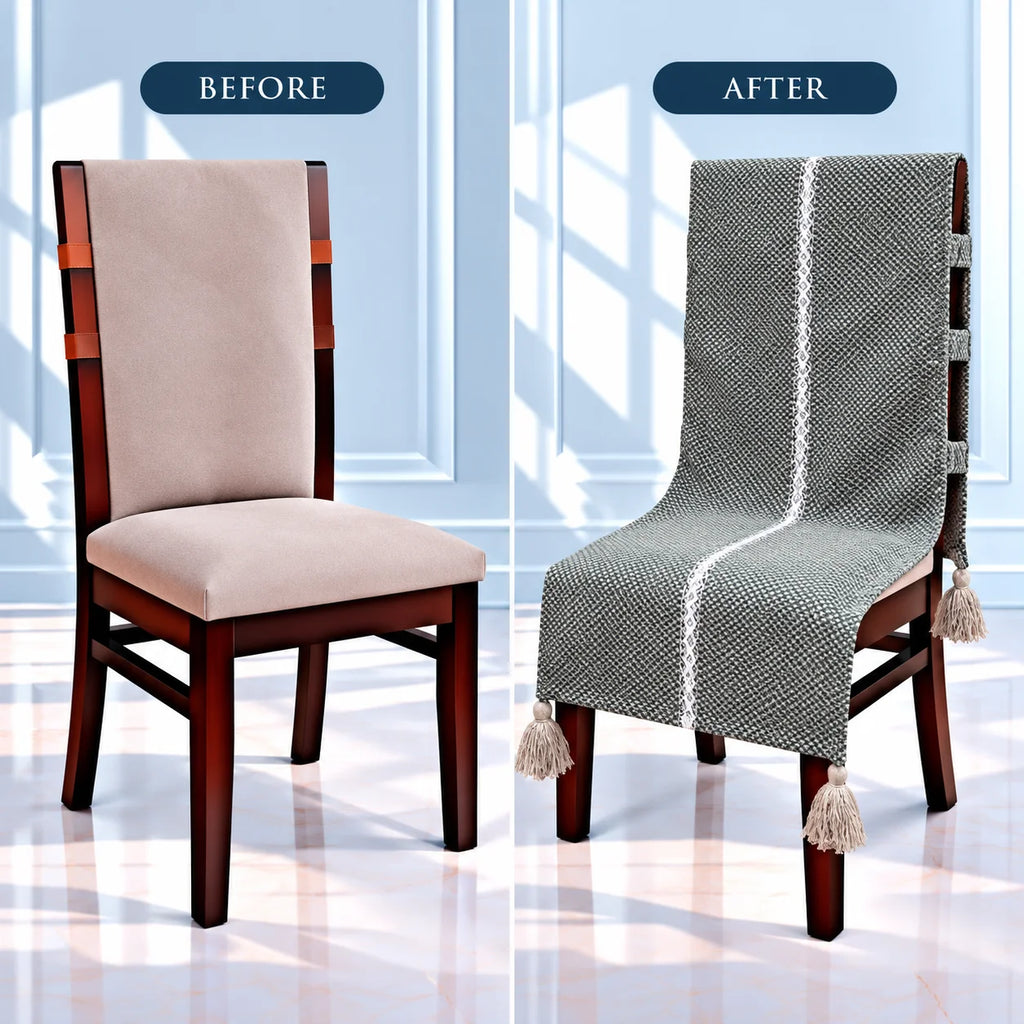LoomCraft Charcoal Grey Textured Chair Cover with Tassels