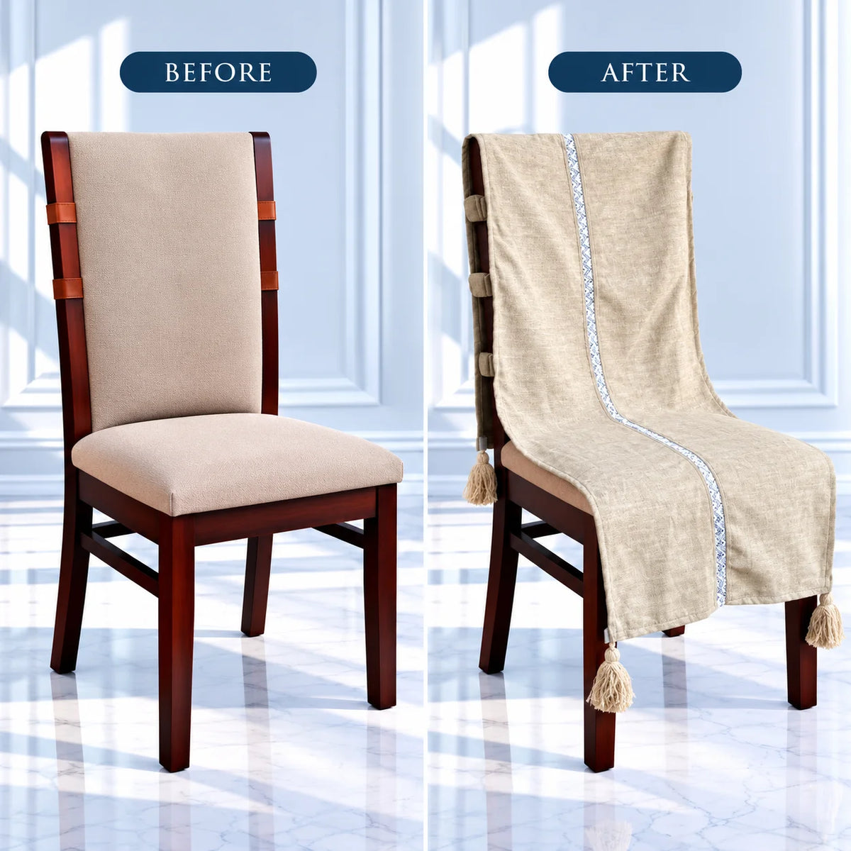 Sand Beige Linen Look Chair Cover with Tassels