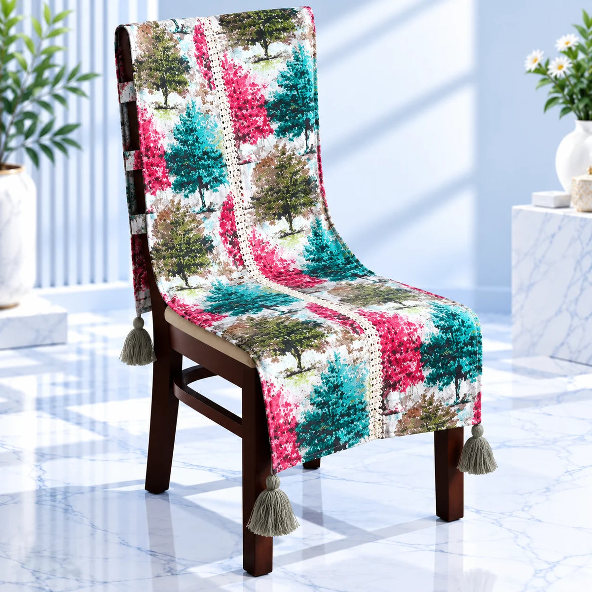 Colourful Woodland Landscape Printed Chair Cover with Tassels