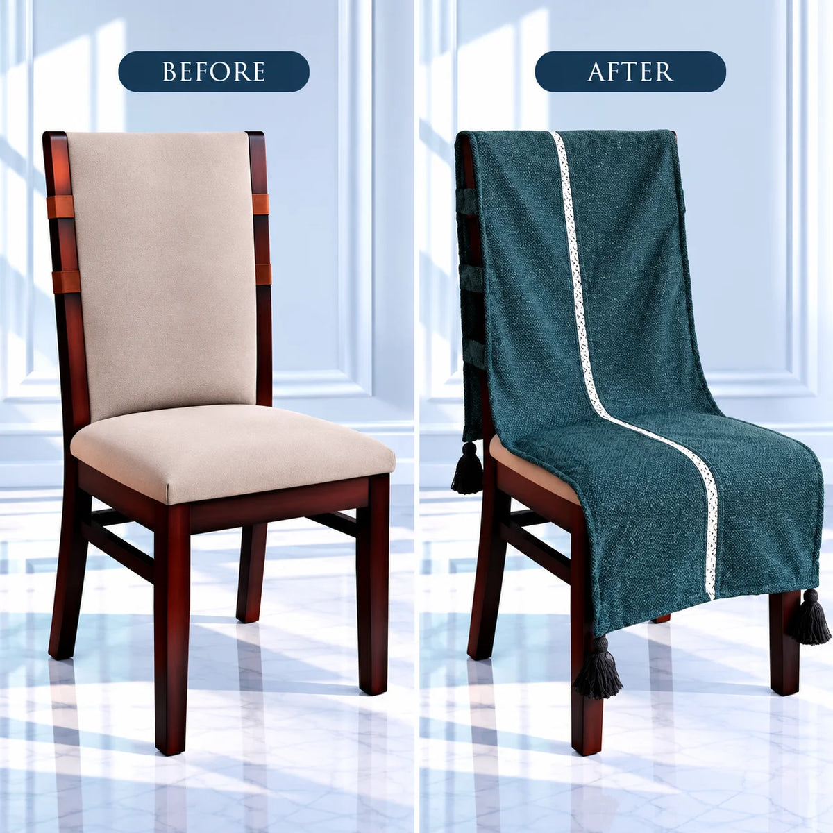 Slate Blue Grey Linen Feel Chair Cover with Tassels