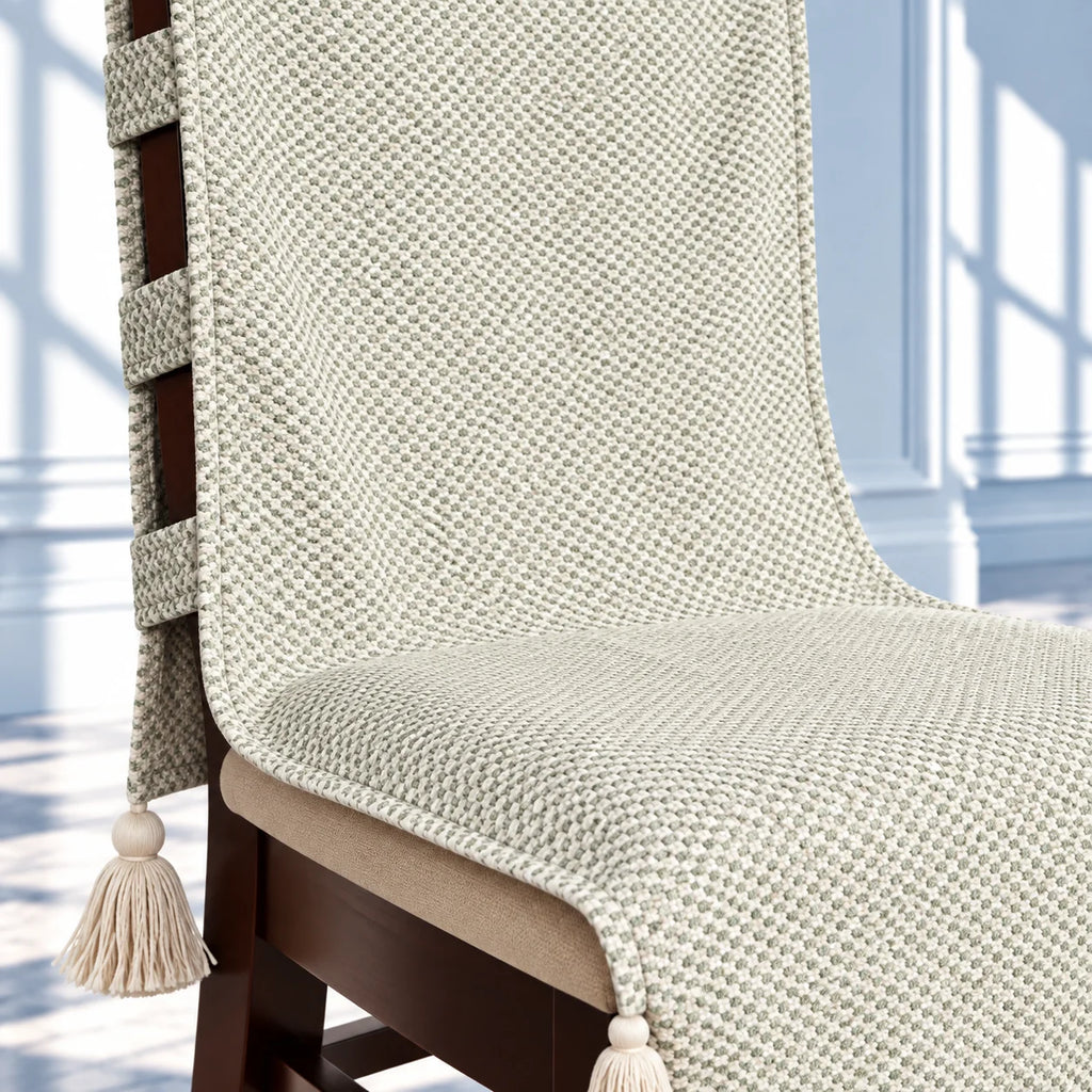 Minimal Ivory Grid Chair Cover with Tassels