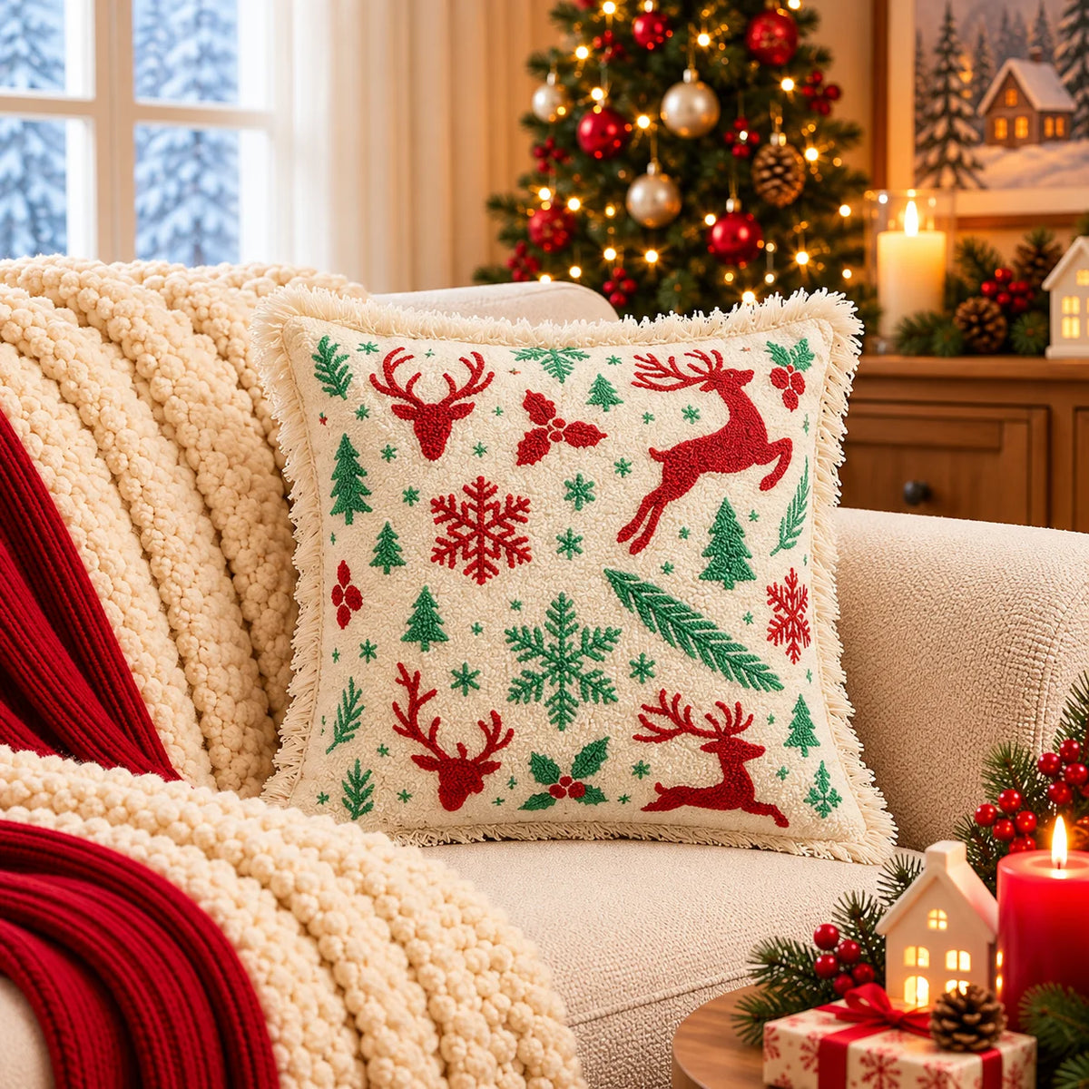 Christmas Themed Cotton Printed Cushion Cover, Size:40cm X 40cm (16" X 16")