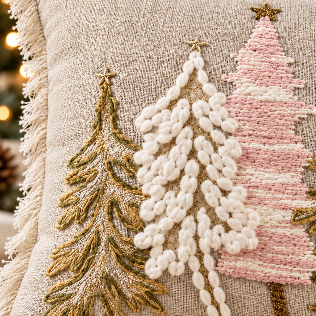 Winter Pine Christmas Tree Embroidered Cotton Cushion Cover â€“ 16 Ã— 16 Inches