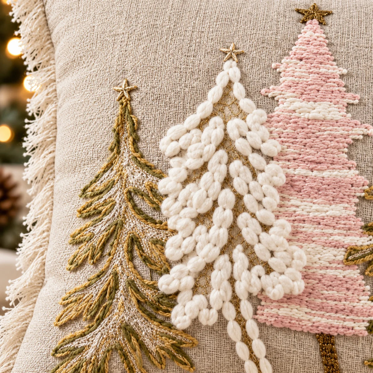 Winter Pine Christmas Tree Embroidered Cotton Cushion Cover â€“ 16 Ã— 16 Inches