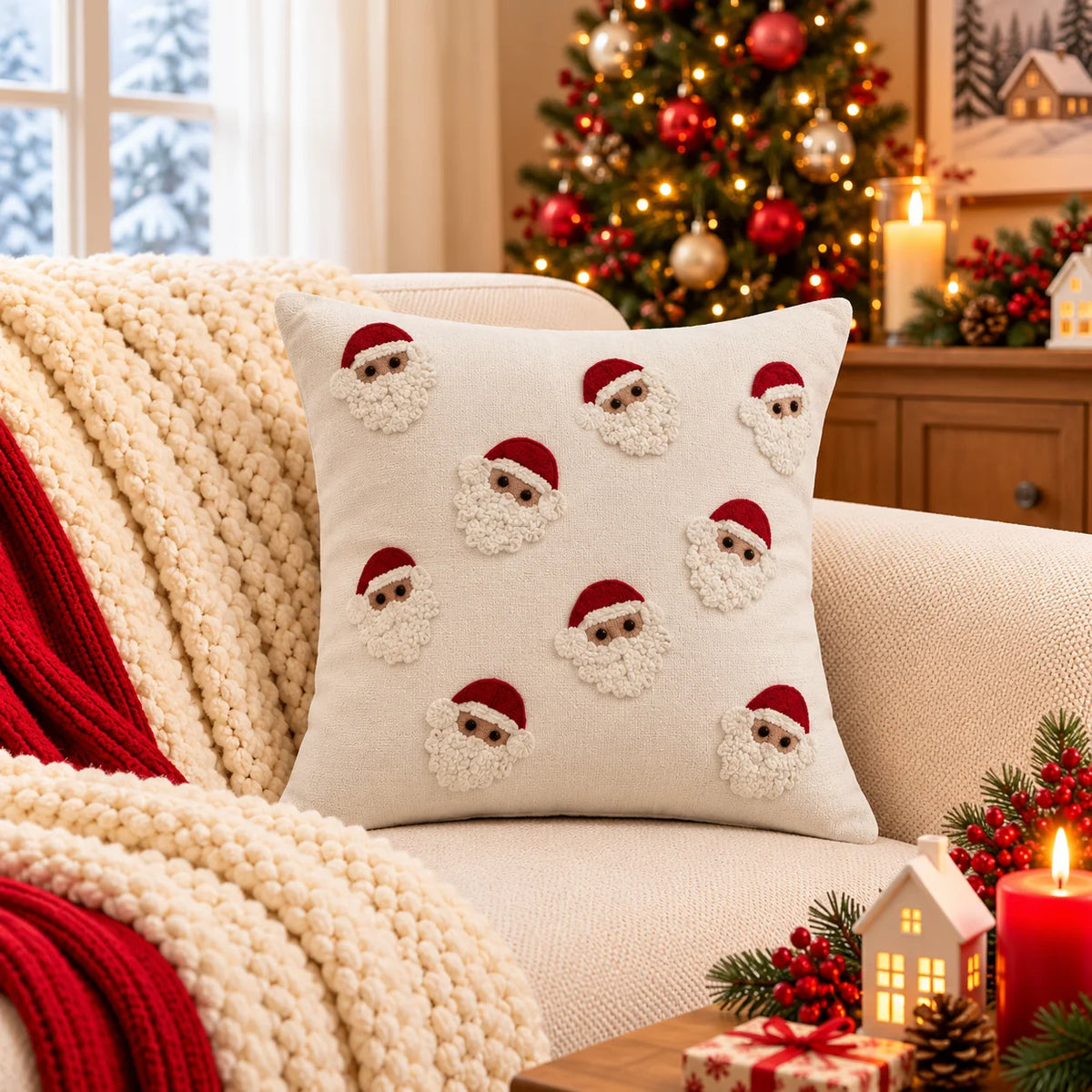Christmas Themed Slub-Cotton Tufted Cushion Cover, Size:40cm X 40cm (16" X 16")