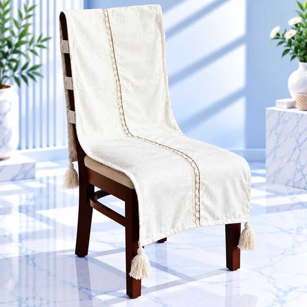 Milk White Textured Jacquard Chair Cover with Lace & Tassels