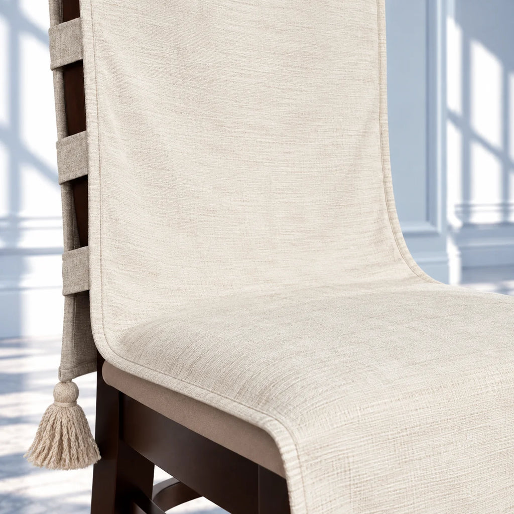 Oatmeal Beige Plain Chair Cover with Tassels