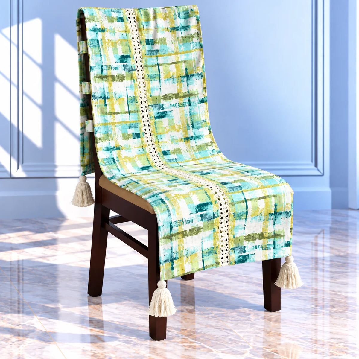 Watercolour Plaid Printed Chair Cover with Tassels