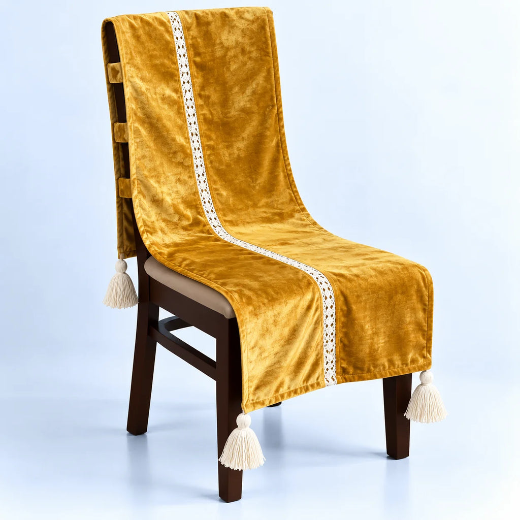 Antique Gold Crushed Velvet Look Chair Cover with Tassels