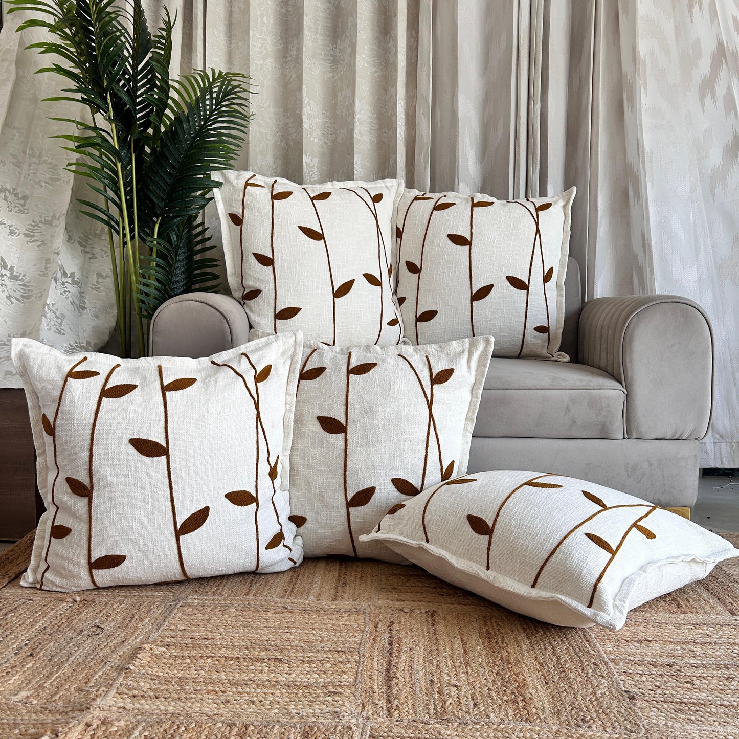 Slub-cotton Embroidered Cushion Cover, 60cm X 60cm (24" X 24")
