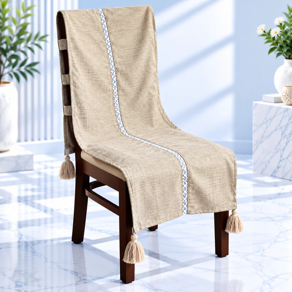 Sand Beige Linen Look Chair Cover with Tassels